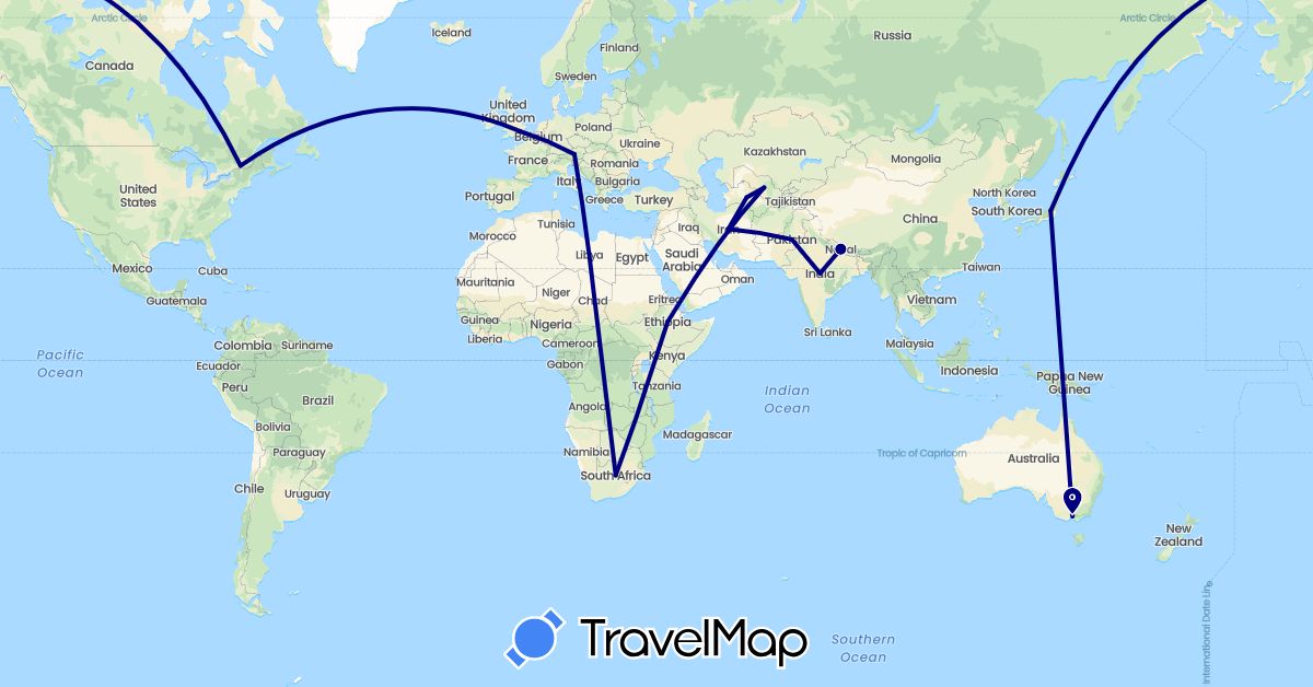 TravelMap itinerary: driving in Austria, Australia, Canada, Ethiopia, United Kingdom, India, Iran, Japan, Nepal, Pakistan, Turkmenistan, Uzbekistan, South Africa (Africa, Asia, Europe, North America, Oceania)